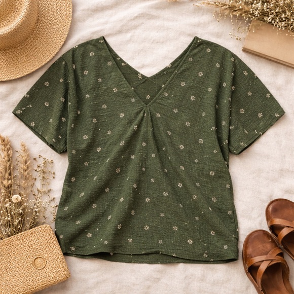 Tops - Olive Green Textured Floral V-Neck Top